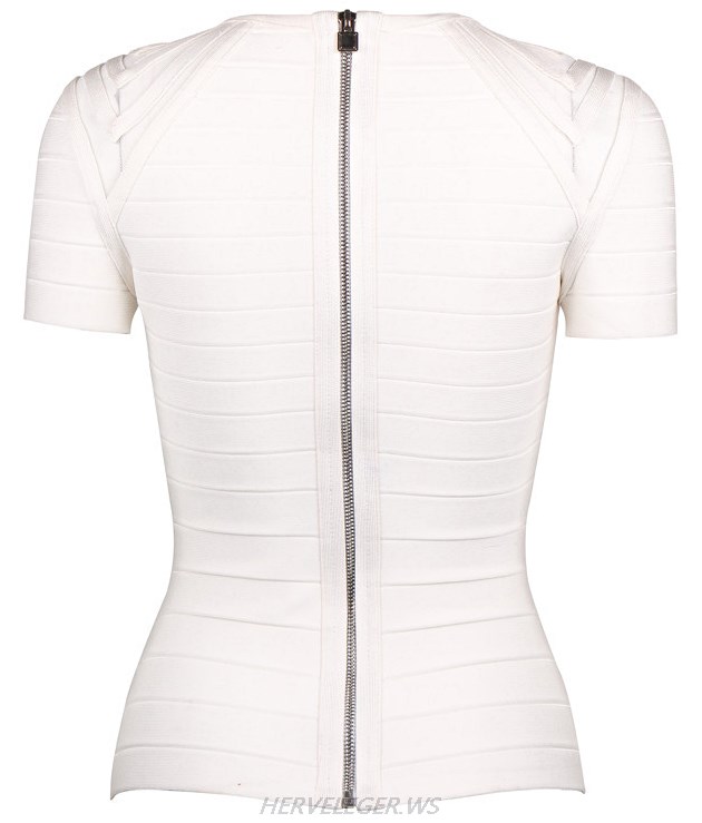 Herve Leger White Short Sleeve Mesh Top