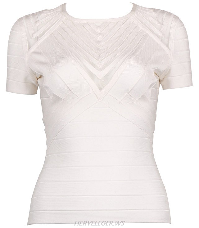 Herve Leger White Short Sleeve Mesh Top