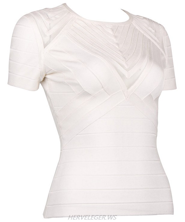 Herve Leger White Short Sleeve Mesh Top