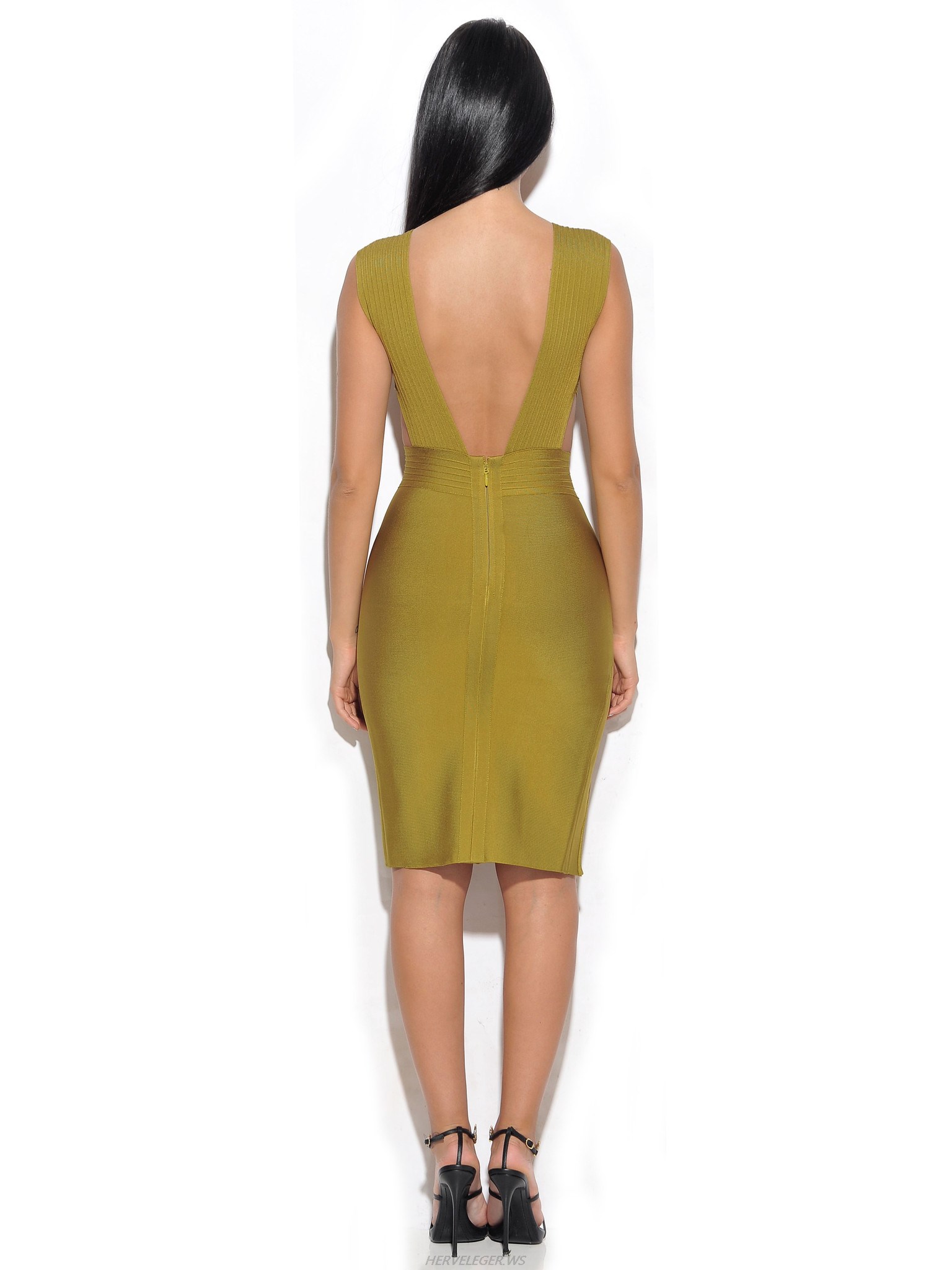 Herve Leger Olive Green V Neck Straps Cut Out Dress