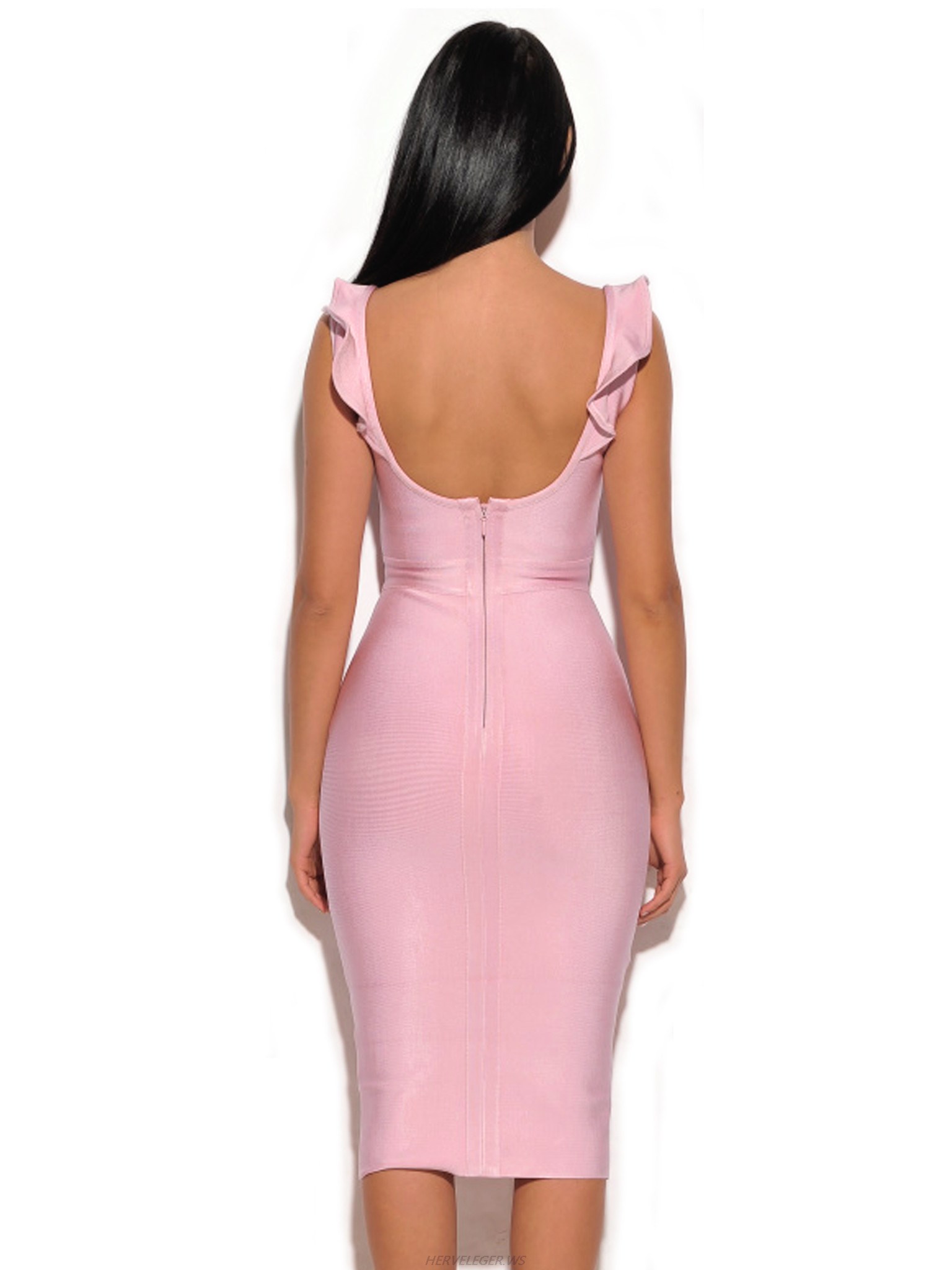 Herve Leger Pink Ruffle Neckline Dress