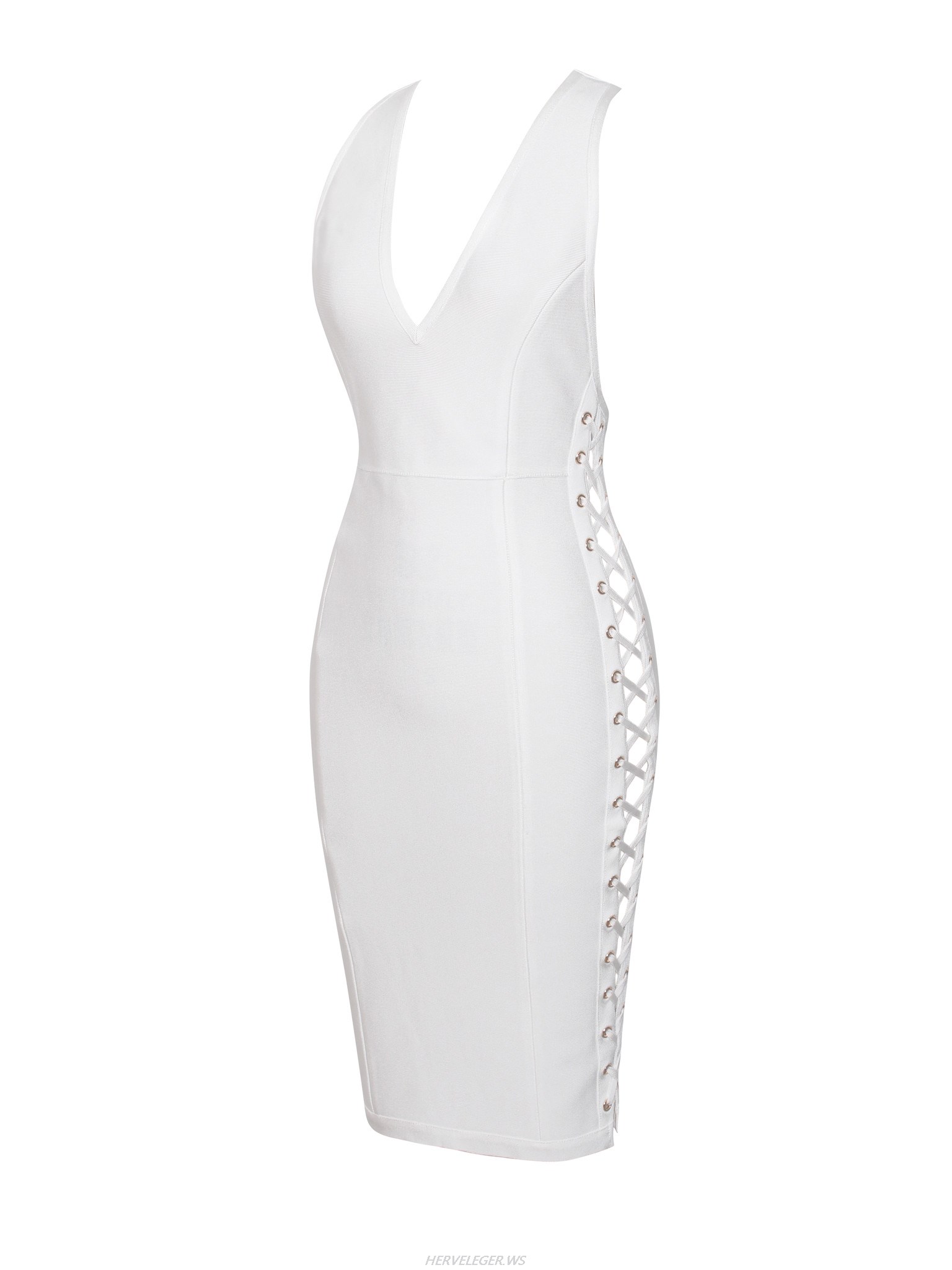 Herve Leger White V Neck Cut Out Dress