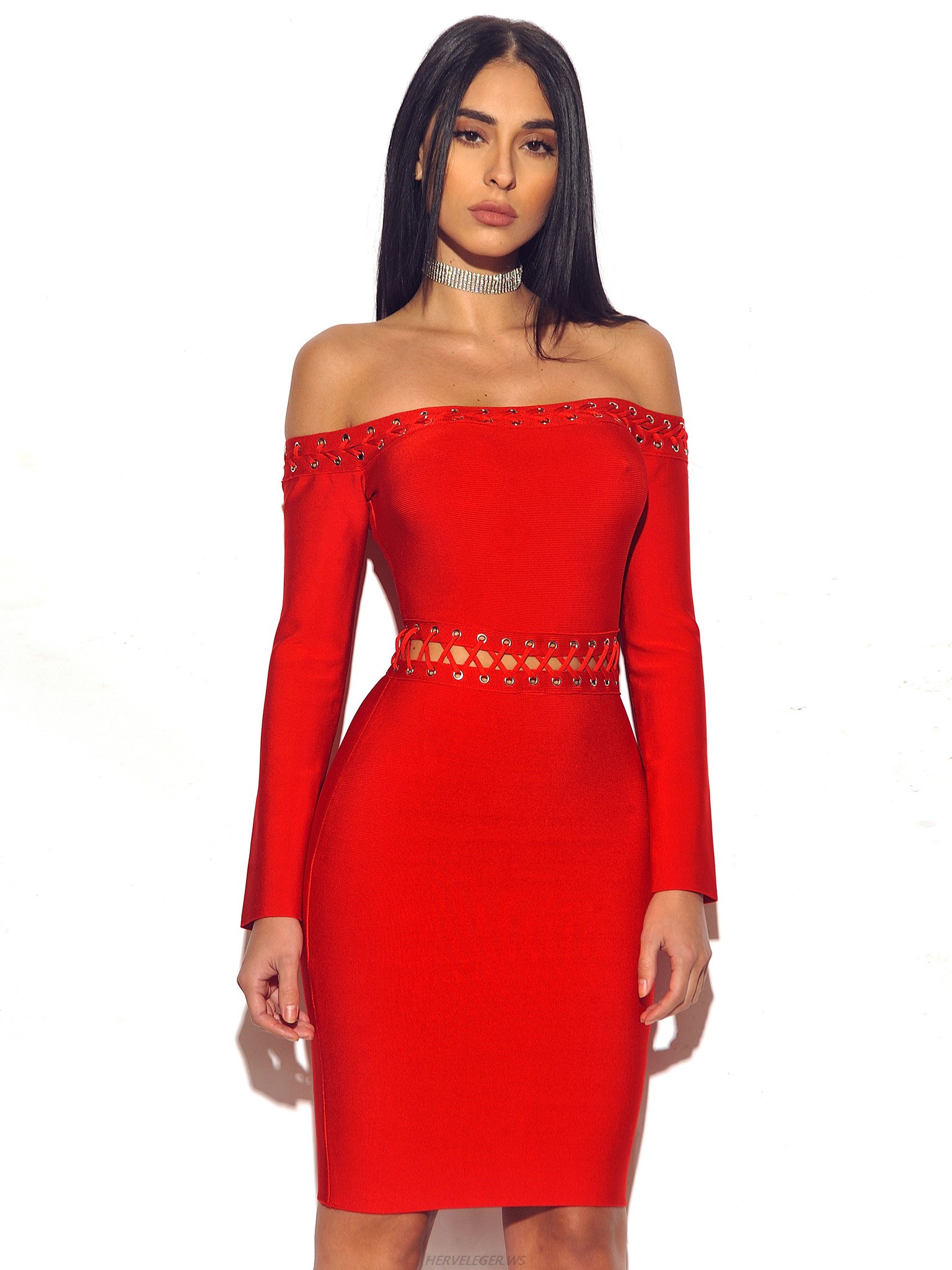 Herve Leger Red Lace Up Strapless Long Sleeve Dress