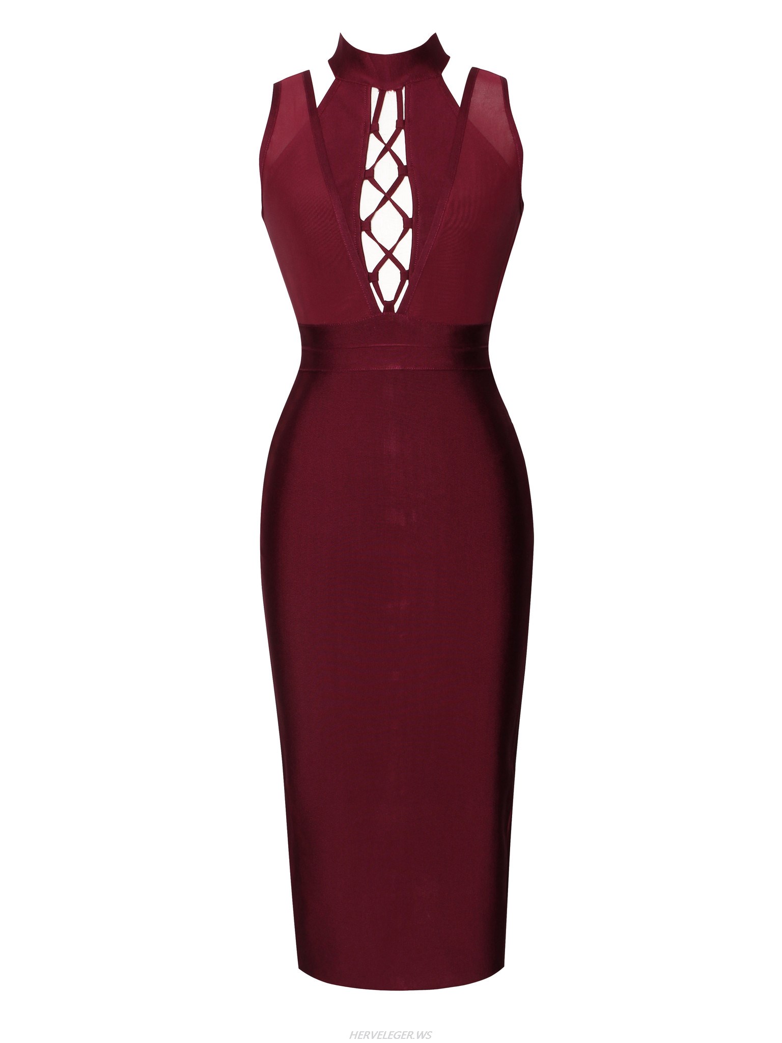 Herve Leger Red Lace Up V Neck Dress