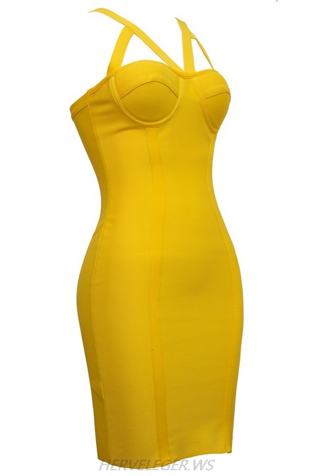 Herve Leger Yellow Cut Out Strap Dress