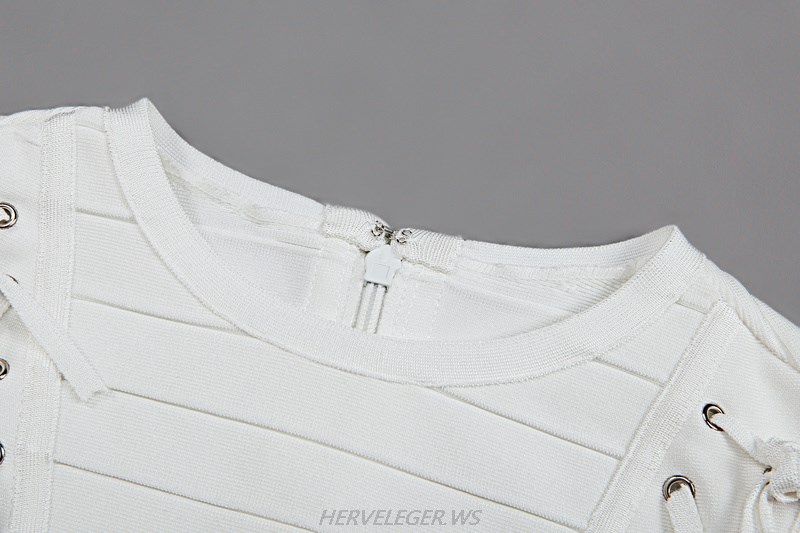 Herve Leger White Long Sleeve Lace Lace Up Dress