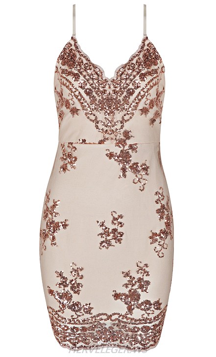 Herve Leger Nude Sequin Embellished V Neck Dress