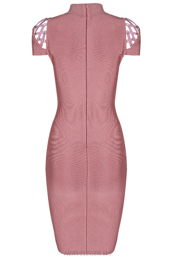 Herve Leger Pink Short Sleeve Multi Lace Up Dress