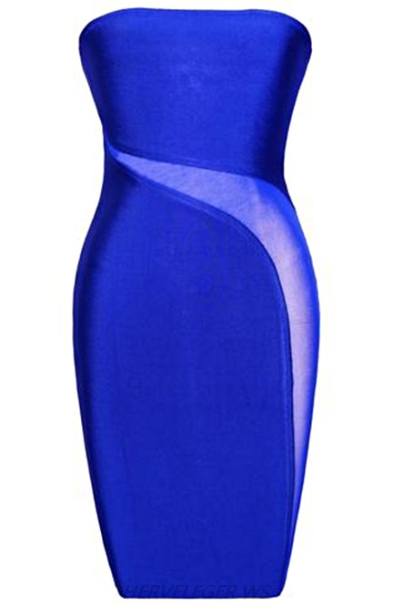 Herve Leger Blue Bandeau Mesh Strapless Dress