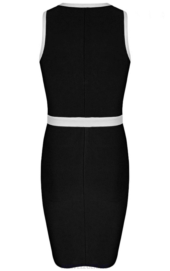 Herve Leger Black And White Front Zipper V Neck Dress