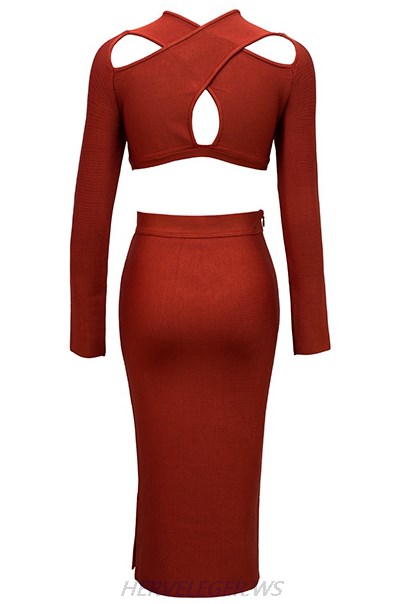 Herve Leger Maroon Long Sleeve Two Piece Dress