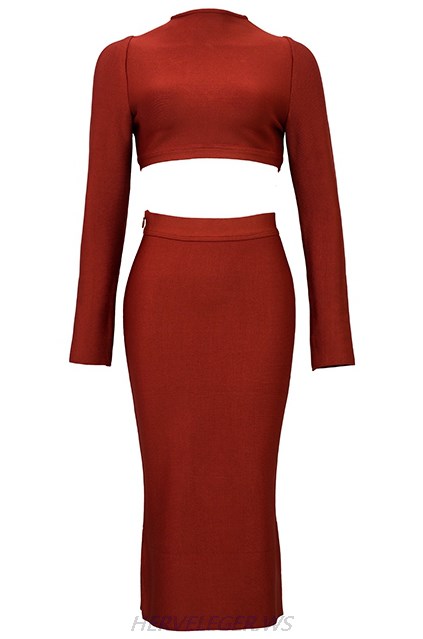 Herve Leger Maroon Long Sleeve Two Piece Dress