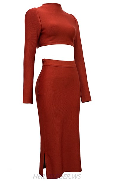 Herve Leger Maroon Long Sleeve Two Piece Dress