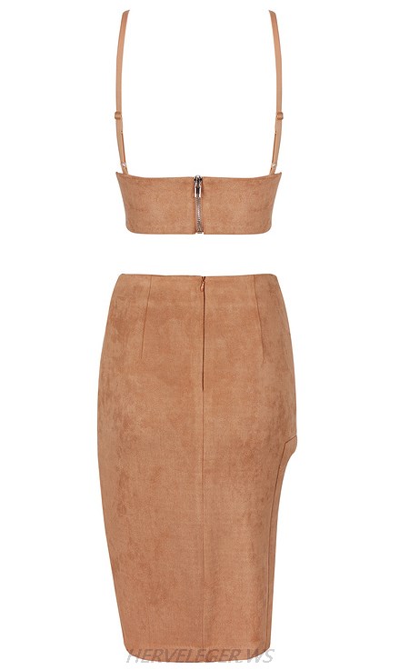 Herve Leger Brown Side Slit Two Piece Suede Dress