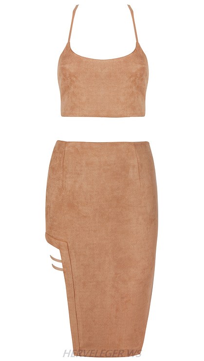 Herve Leger Brown Side Slit Two Piece Suede Dress