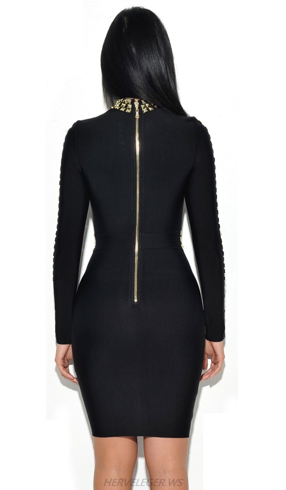 Herve Leger Black Long Sleeve Studded Trims Dress