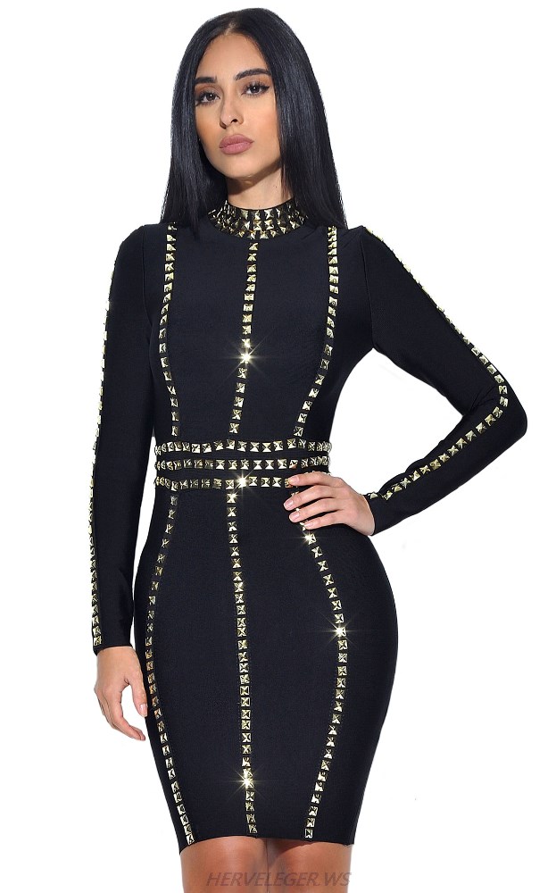 Herve Leger Black Long Sleeve Studded Trims Dress