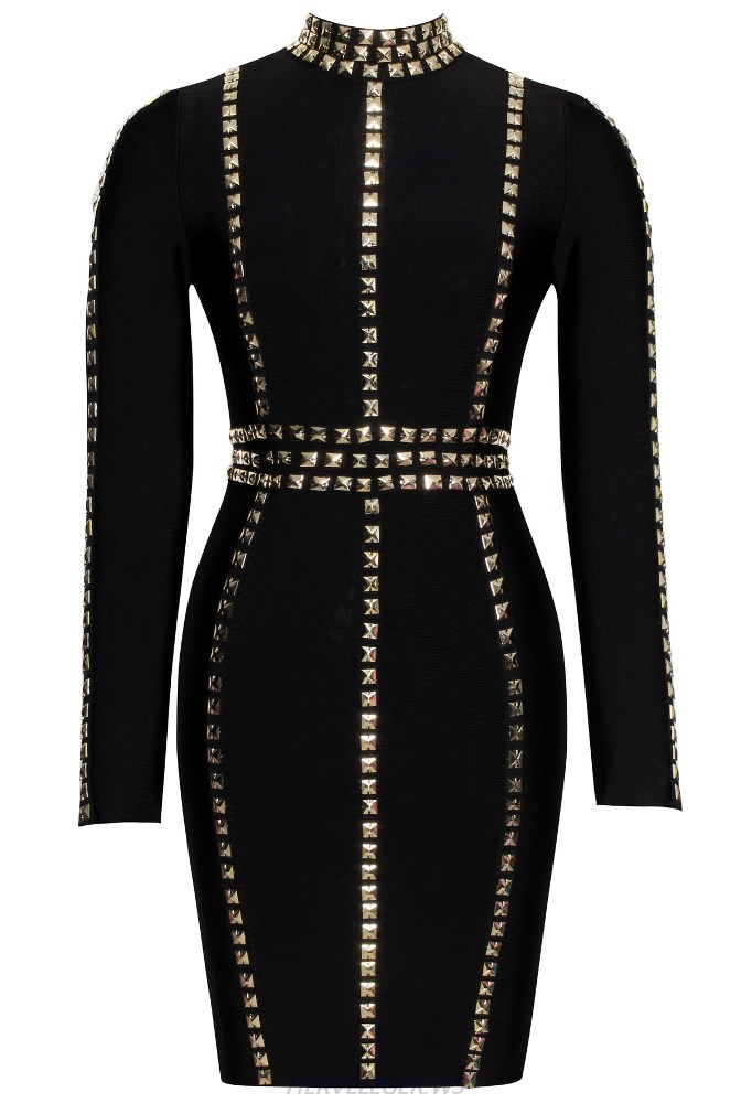 Herve Leger Black Long Sleeve Studded Trims Dress