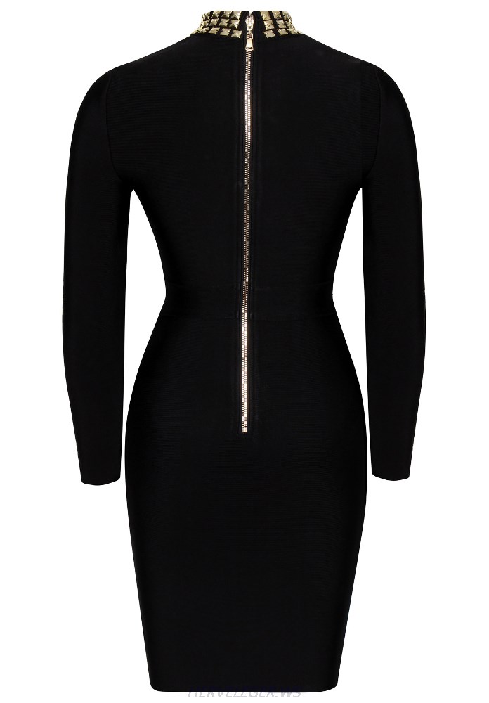 Herve Leger Black Long Sleeve Studded Trims Dress