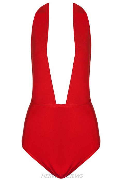 Herve Leger Red Chain Detail Halter Plunge Bodysuit