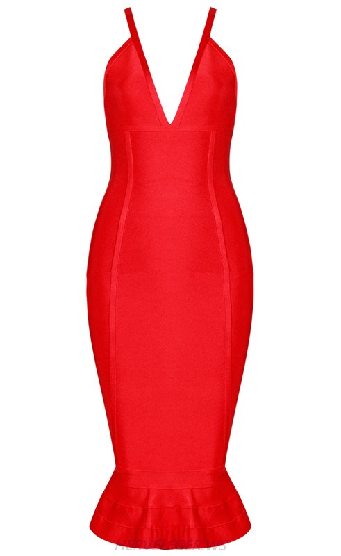 Herve Leger Red Fluted Dress