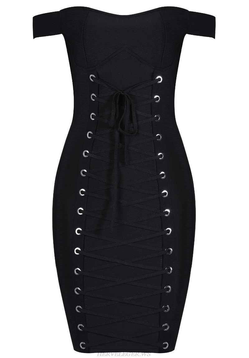 Herve Leger Black Lace Up Bardot Strapless Dress