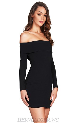 Herve Leger Black Strapless Long Sleeve Bardot Dress