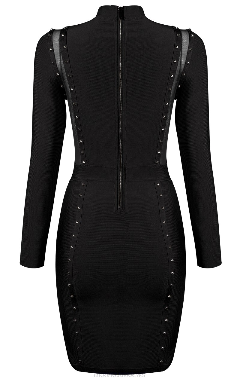 Herve Leger Black Long Sleeve Studded Mesh Dress