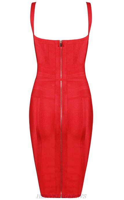 Herve Leger Red V Neck Tie Detail Dress