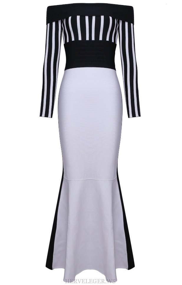 Herve Leger Black And White Long Sleeve Bardot Fluted Strapless Gown