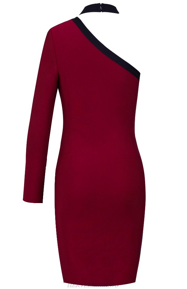 Herve Leger Burgundy One Sleeve Choker Bandage Dress