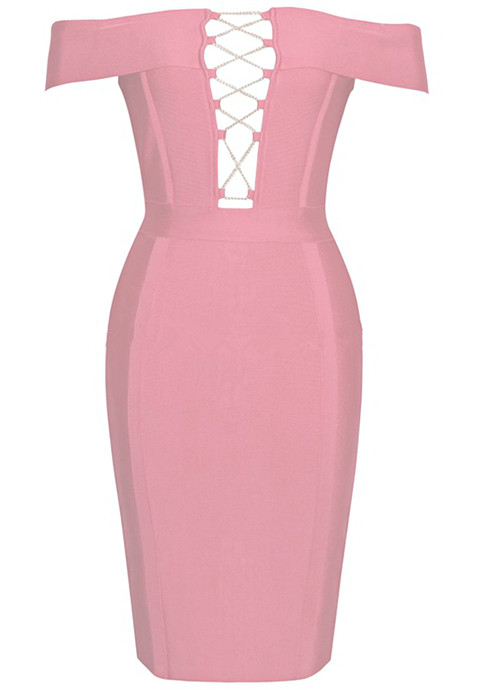 Herve Leger Pink Strapless Bardot Lace Up Chain Dress