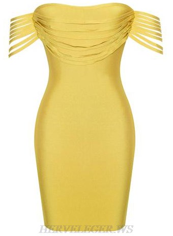 Herve Leger Yellow Bardot Cut Out Detail Strapless Dress