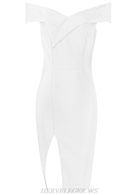 Herve Leger White Crossover Bardot Strapless Dress