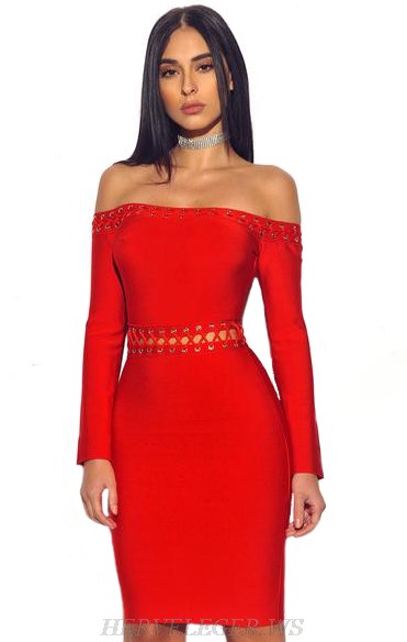 Herve Leger Red Long Sleeve Bardot Lace Up Dress