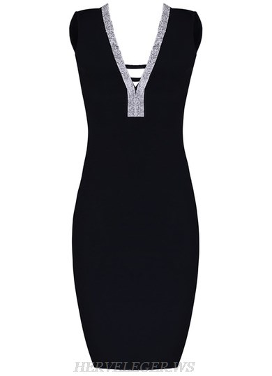 Herve Leger Black Embellished Open Back Halter Dress