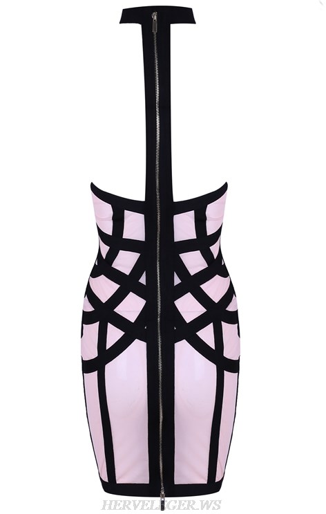 Herve Leger Pink Black Halter Mesh Panel Dress