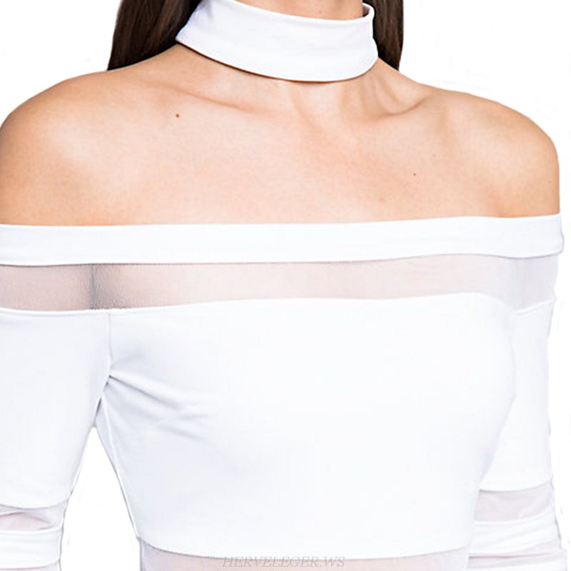 Herve Leger White Choker Bardot Mesh Dress