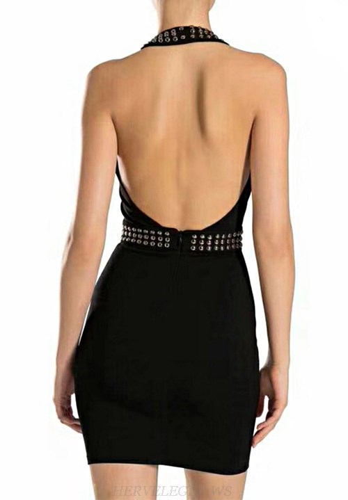 Herve Leger Black Halter Studded Floral Dress