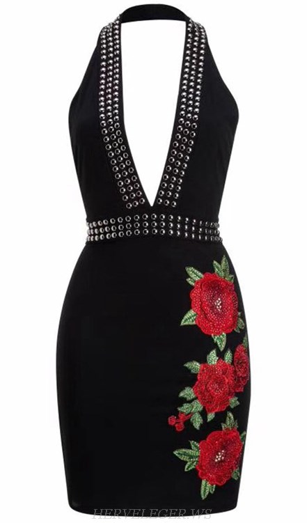 Herve Leger Black Halter Studded Floral Dress