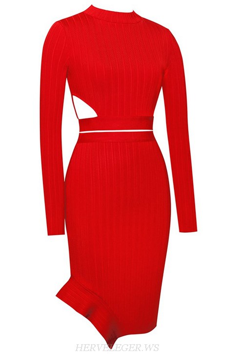 Herve Leger Red Long Sleeve Ribbed Two Piece Dress