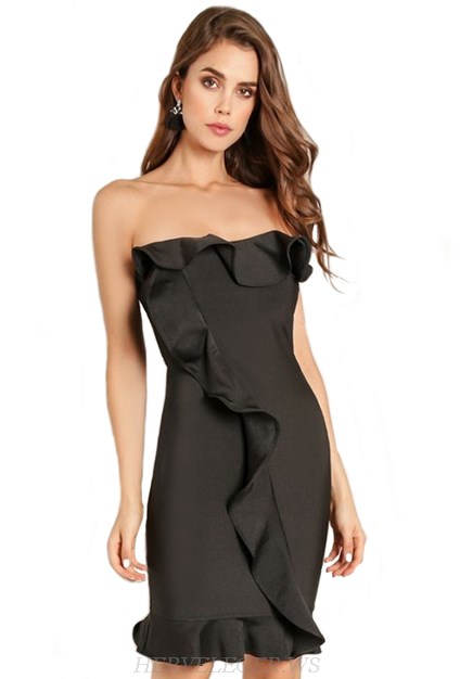 Herve Leger Black Ruffle Bandeau Dress