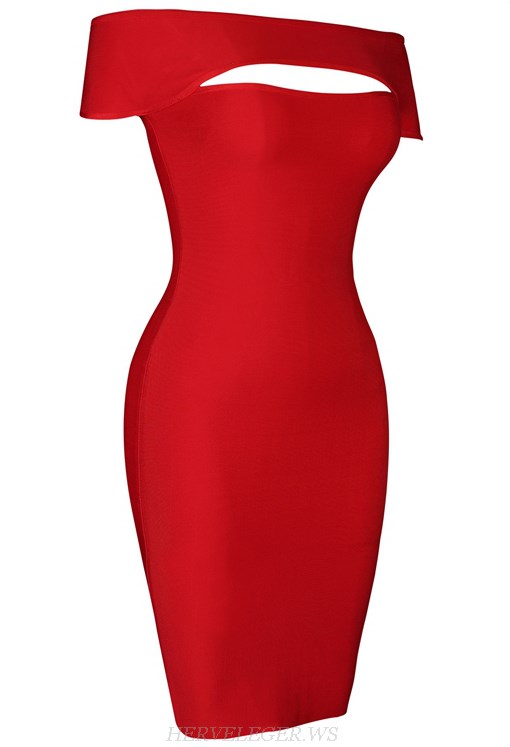 Herve Leger Red Short Sleeve Bardot Dress