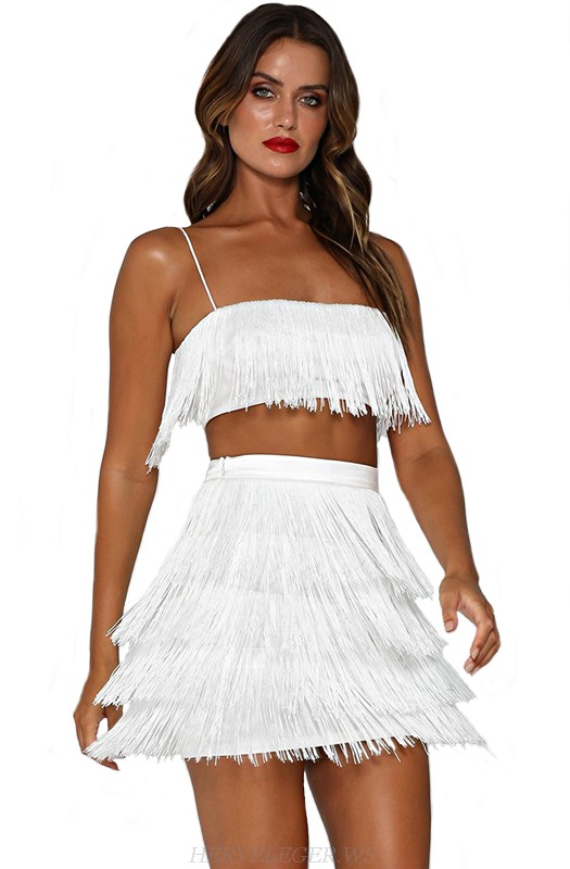 Herve Leger White Tassel Two Piece Dress