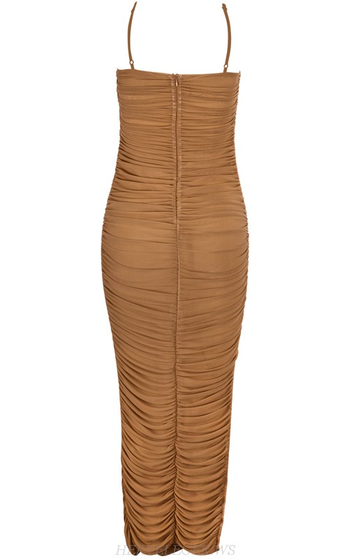 Herve Leger Nude Strapless Gathered Mesh Dress