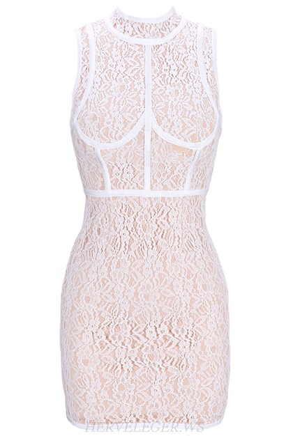 Herve Leger White Lace Panel Bandage Dress