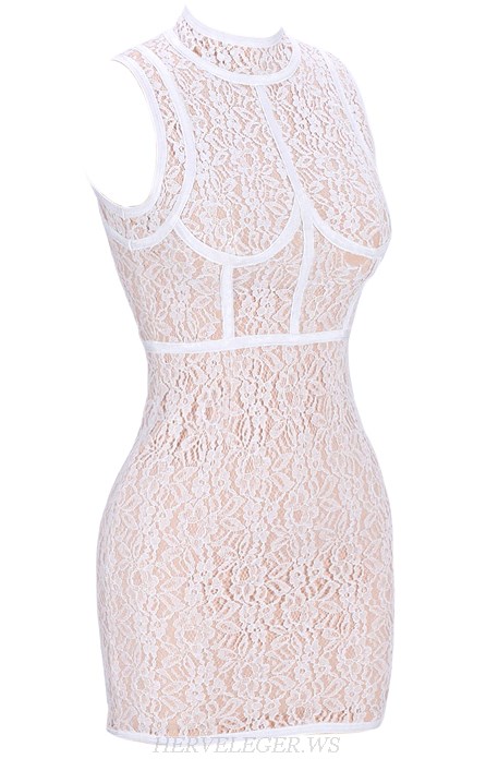 Herve Leger White Lace Panel Bandage Dress