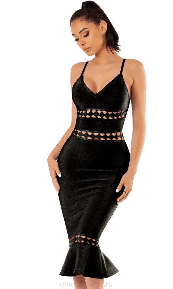 Herve Leger Black V Neck Laser Cut Fluted Bandage Dress