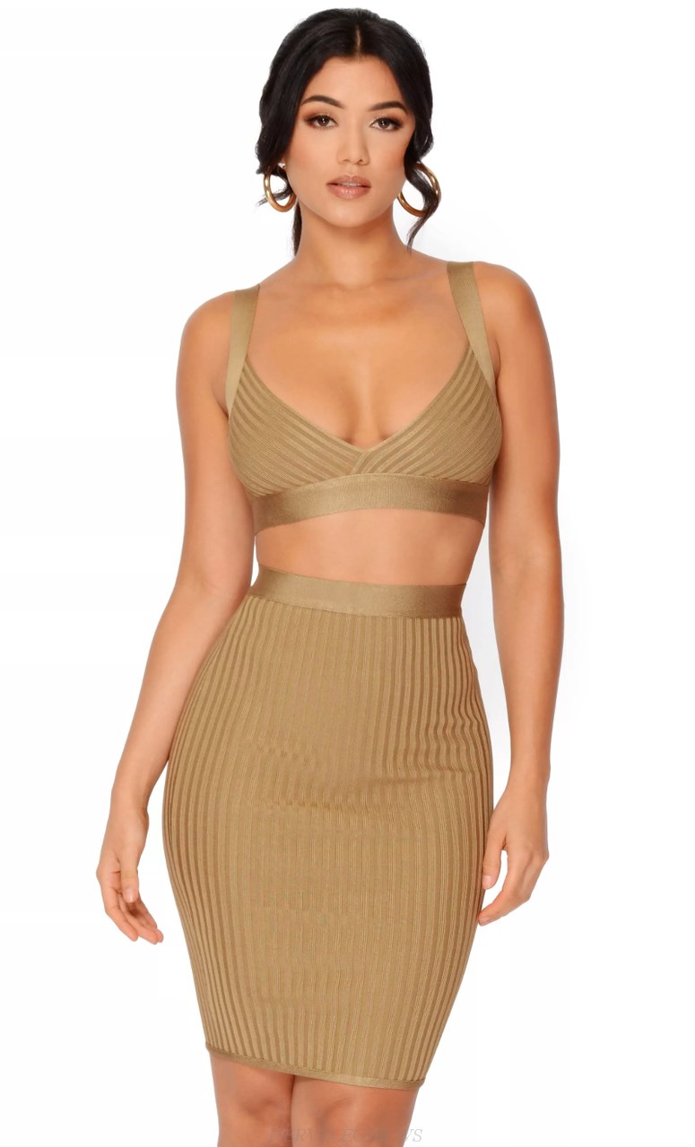 Herve Leger Brown Ribbed Two Piece Bandage Dress