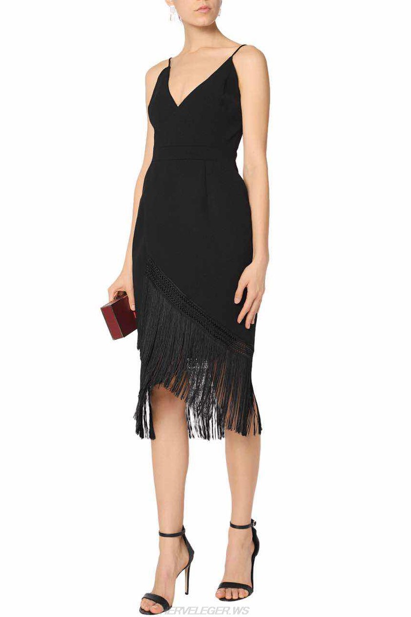 Herve Leger Black Asymmetric Tassel Dress